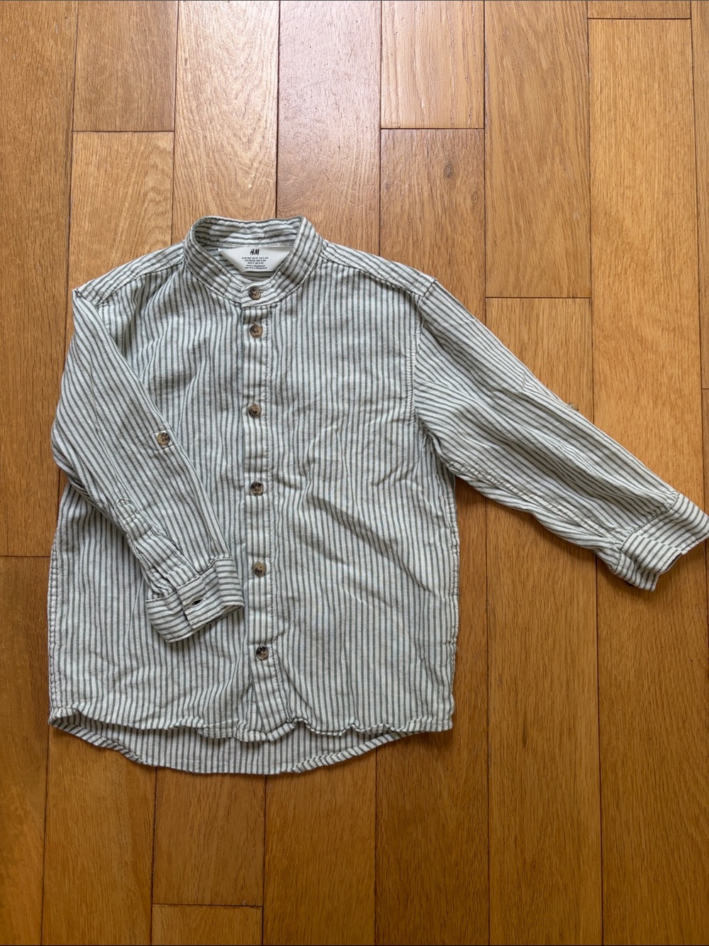 H&M Kid’s Cotton Linen Cream & Green Striped Band-Collar Shirt
